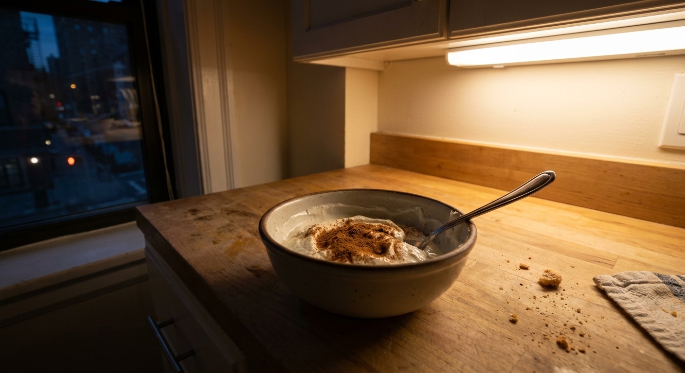 A real photo of a small bowl of plain Greek yogurt with a spoon and a sprinkle of cinnamon on a kitchen counter at night