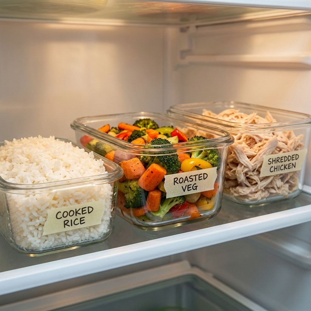 A refrigerator shelf with labeled glass containers holding cooked rice, roasted vegetables, and shredded chicken