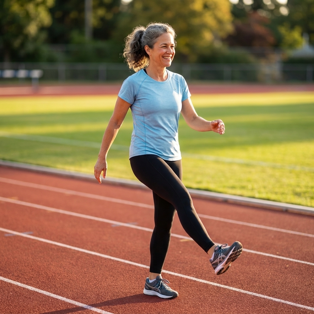 A runner on an outdoor track doing controlled leg swings during a warm-up