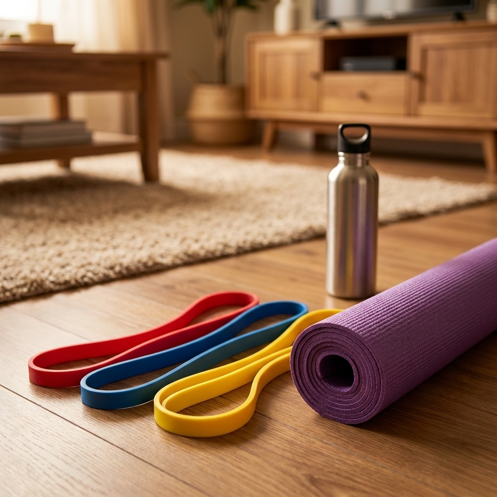 A set of resistance bands on a living room floor next to a yoga mat and a water bottle, ready for a short home workout