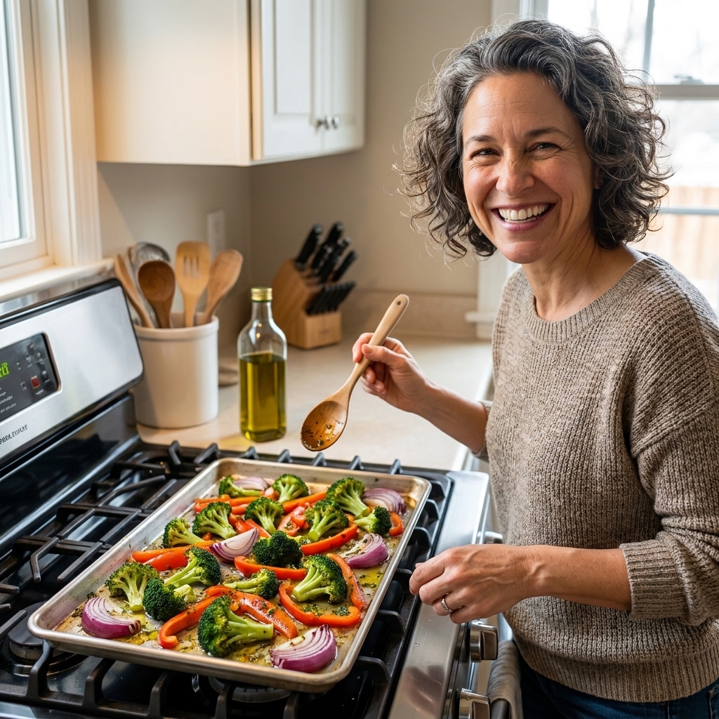 A sheet pan filled with roasted broccoli, bell peppers, and red onions on a kitchen stove with a wooden spoon and an olive oil bottle nearby