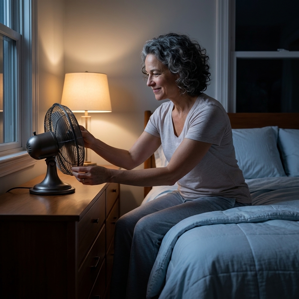 A simple bedroom at night with a small fan on a dresser and light bedding on the bed, suggesting a cool, sleep-friendly room