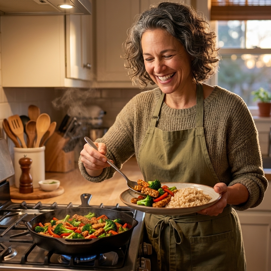 A skillet on a stovetop with tempeh stir fry, broccoli, bell peppers, and brown rice being plated for dinner