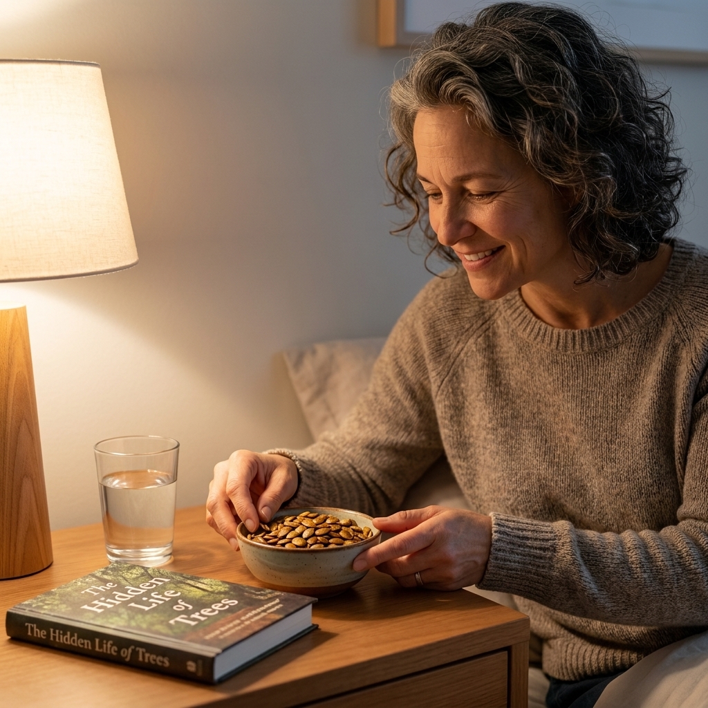 A small bowl of pumpkin seeds on a bedside nightstand next to a glass of water and a book