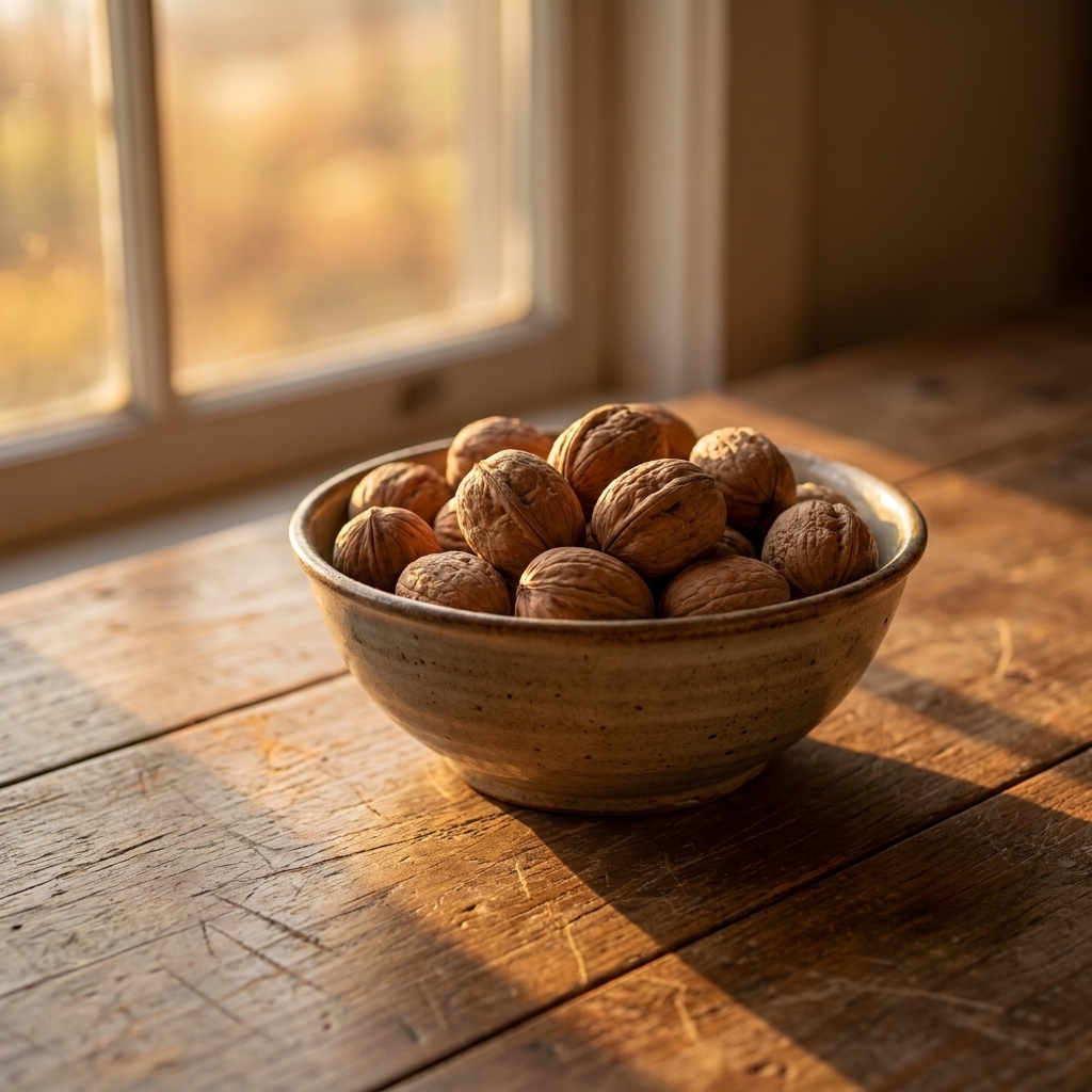 A small bowl of whole walnuts on a wooden table with soft evening light coming through a nearby window