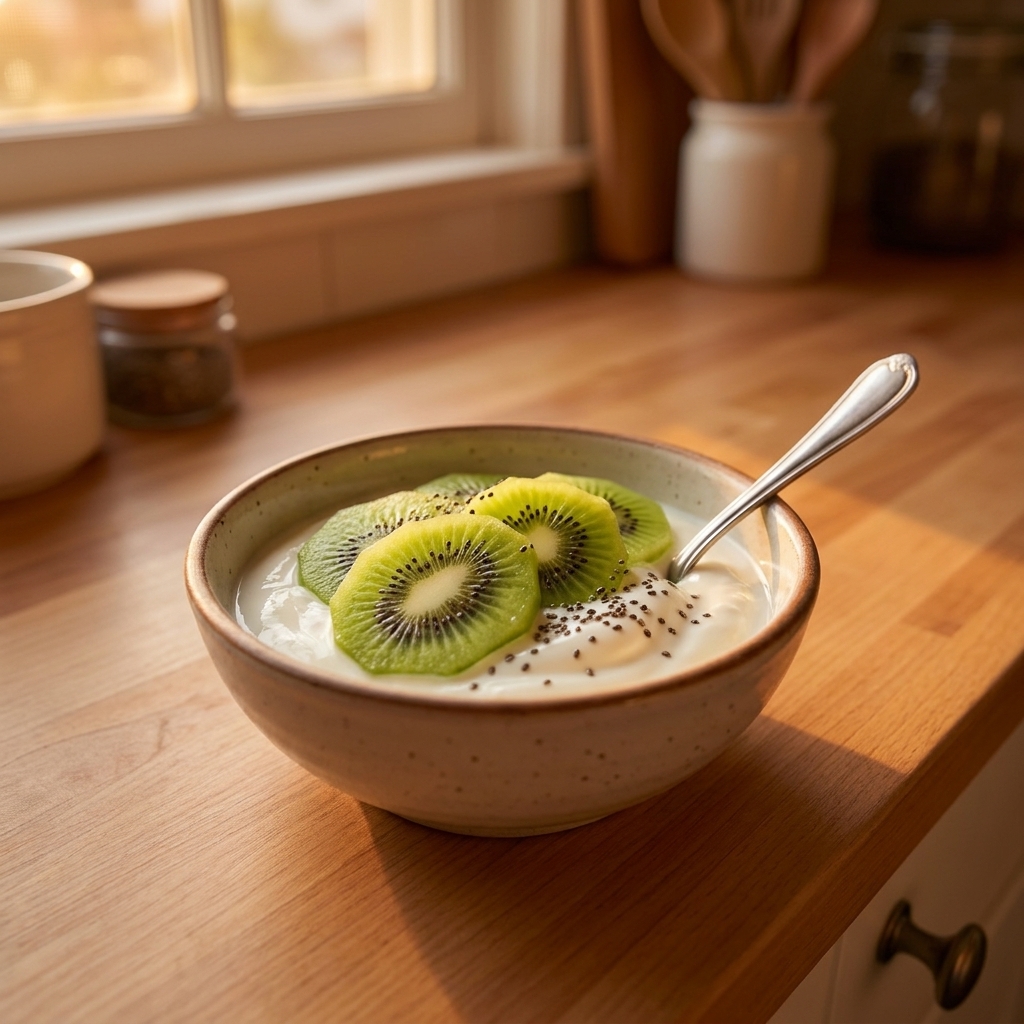 A small bowl of yogurt topped with sliced kiwi on a kitchen counter under warm evening lighting