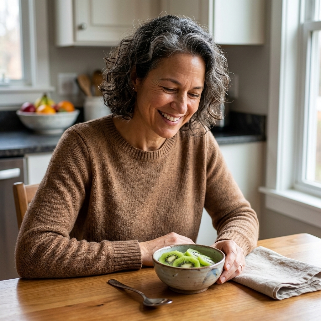 A small ceramic bowl holding sliced green kiwi on a kitchen table near a spoon and a folded napkin