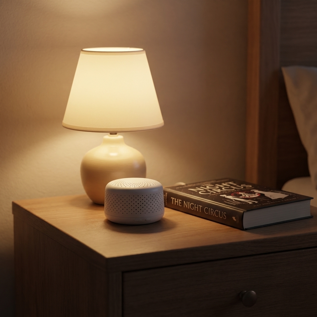 A small white noise machine on a nightstand next to a lamp and a book in a dim bedroom.