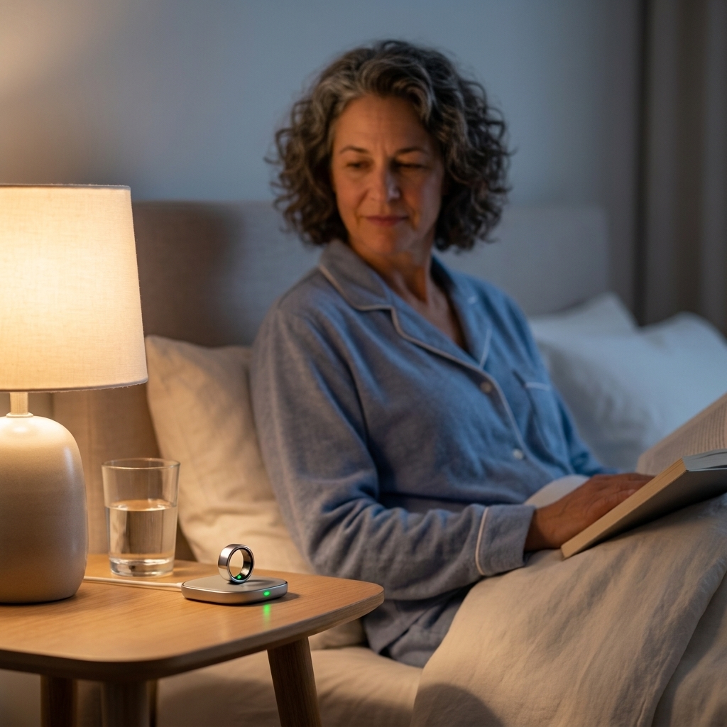 A smart ring charging on a small bedside table next to a lamp in a calm bedroom at night