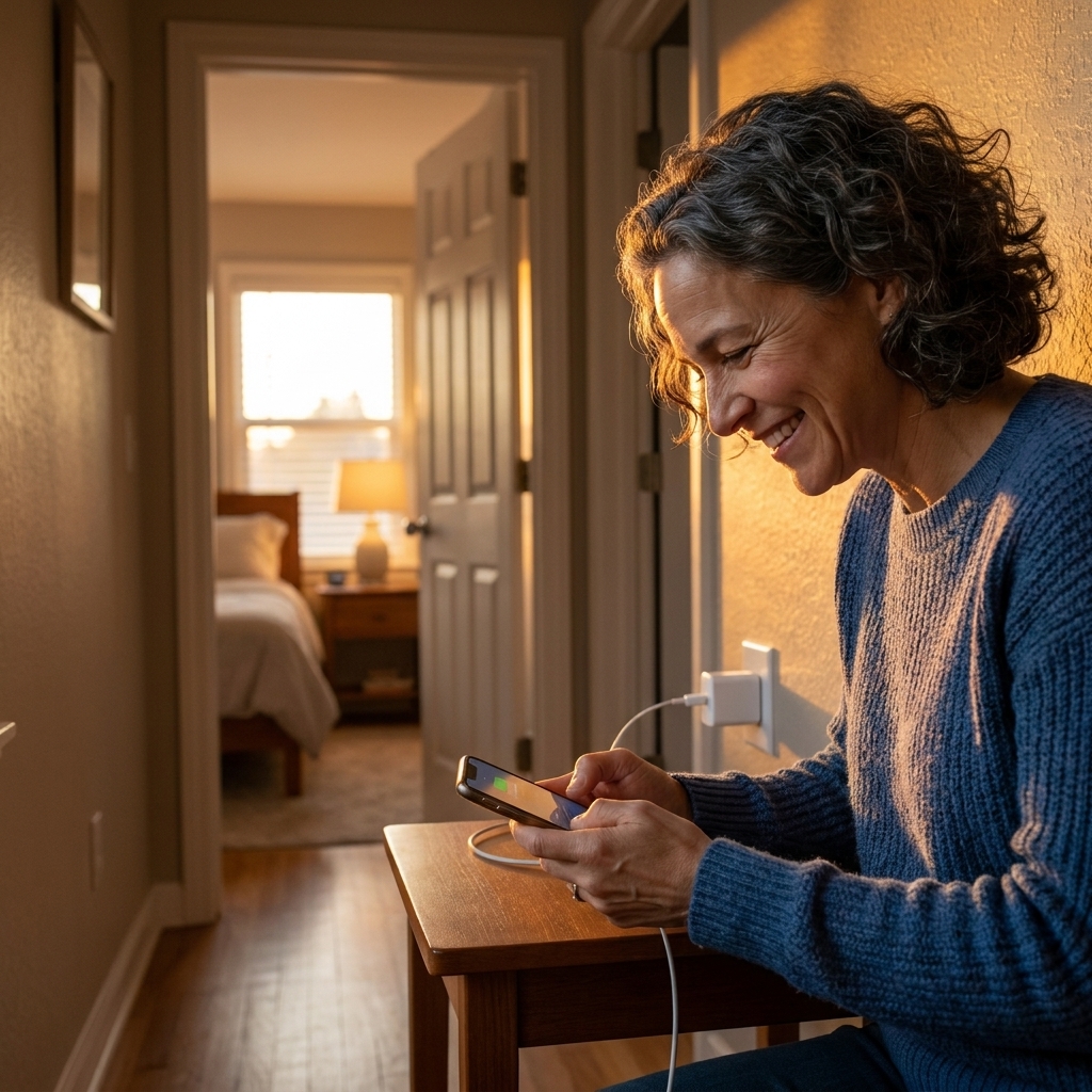 A smartphone plugged into a charger on a small table outside a bedroom door, with warm evening lighting
