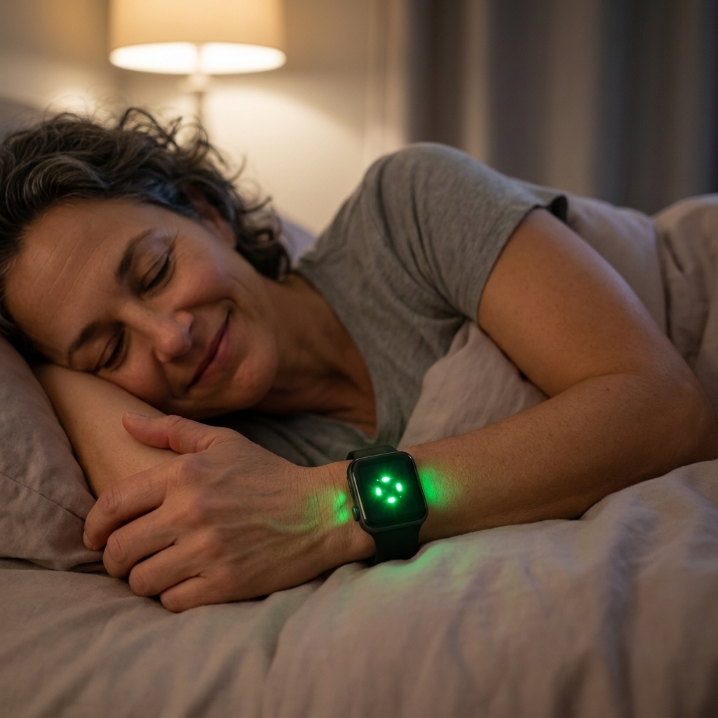 A smartwatch on a wrist showing green heart rate sensor lights while someone lies in bed