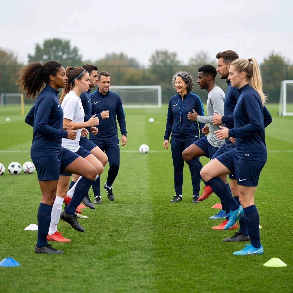A soccer team performing a field-based dynamic warm-up drill as part of the FIFA 11+ routine