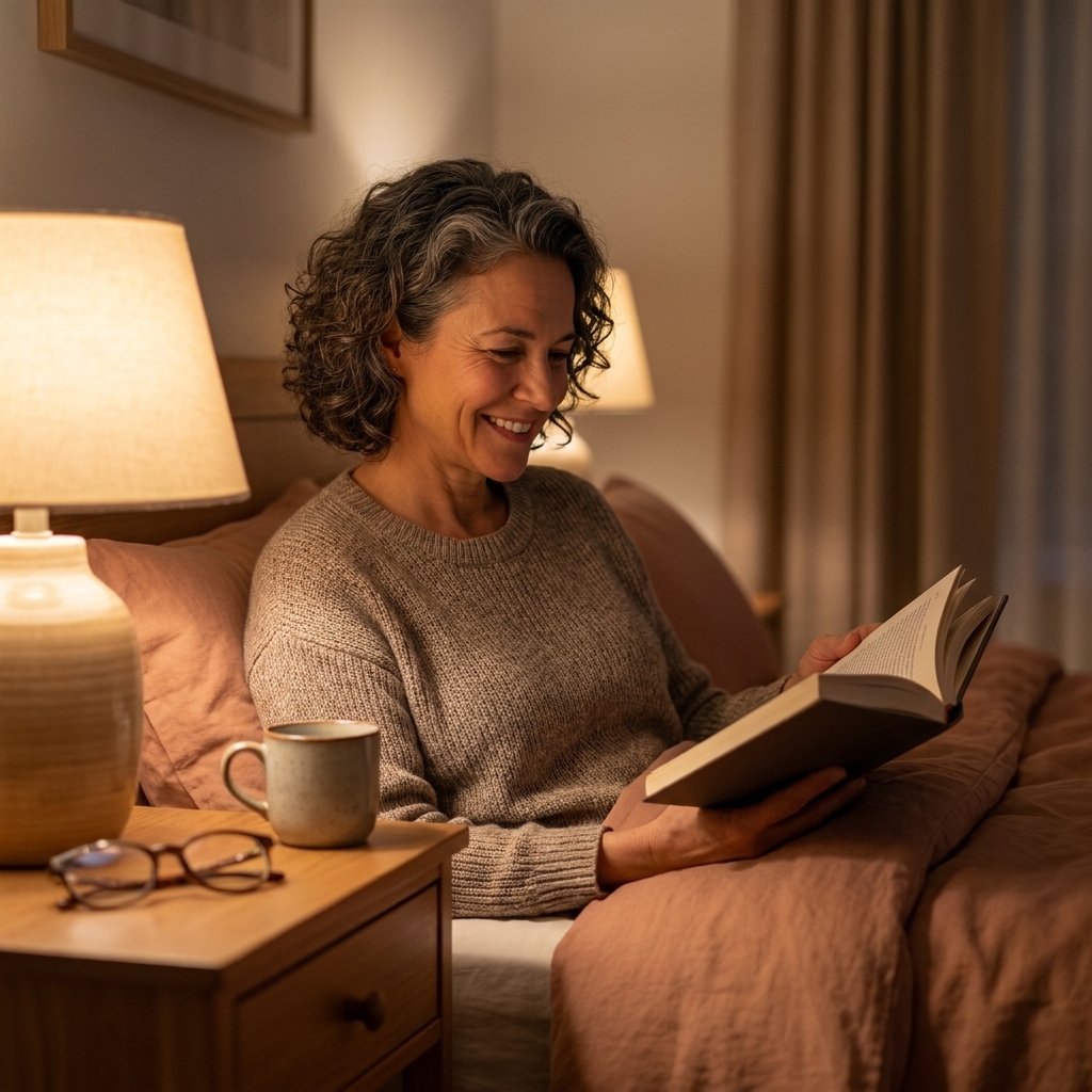 A softly lit bedroom nightstand with a warm bedside lamp and a book, creating a calm evening atmosphere.