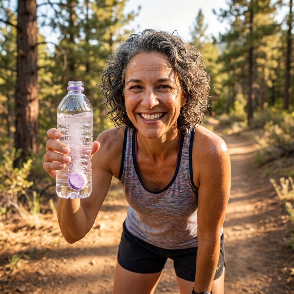 A sweaty runner holding a clear water bottle with an electrolyte tablet dissolving inside, standing near a trail on a warm day