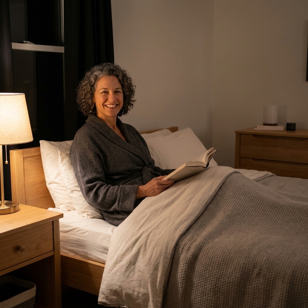 A tidy bedroom at night with dim, warm bedside lighting and blackout curtains drawn.