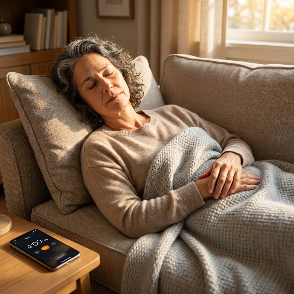 A tired adult resting on a couch in soft afternoon light with a light blanket and a phone alarm set nearby