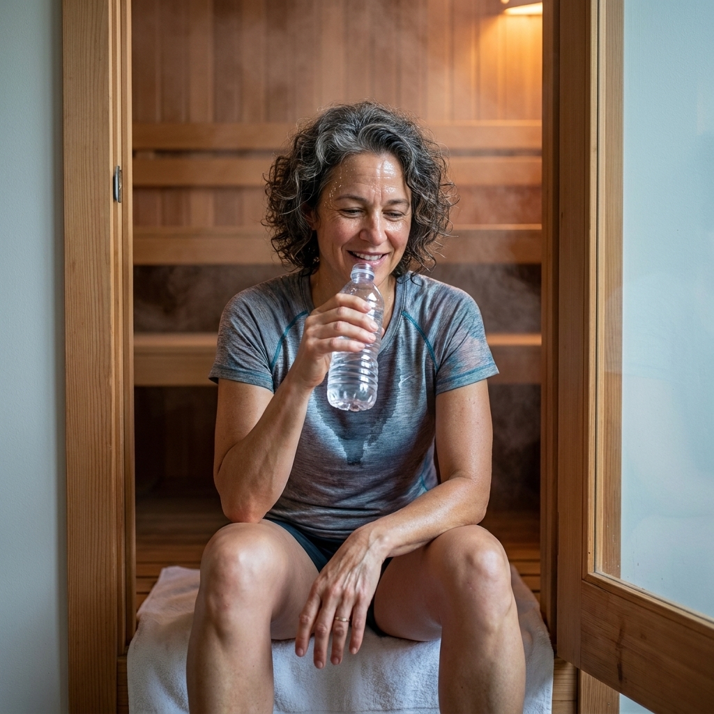 A tired but relaxed runner sitting on a towel in a sauna doorway after training, holding a water bottle and cooling down slowly