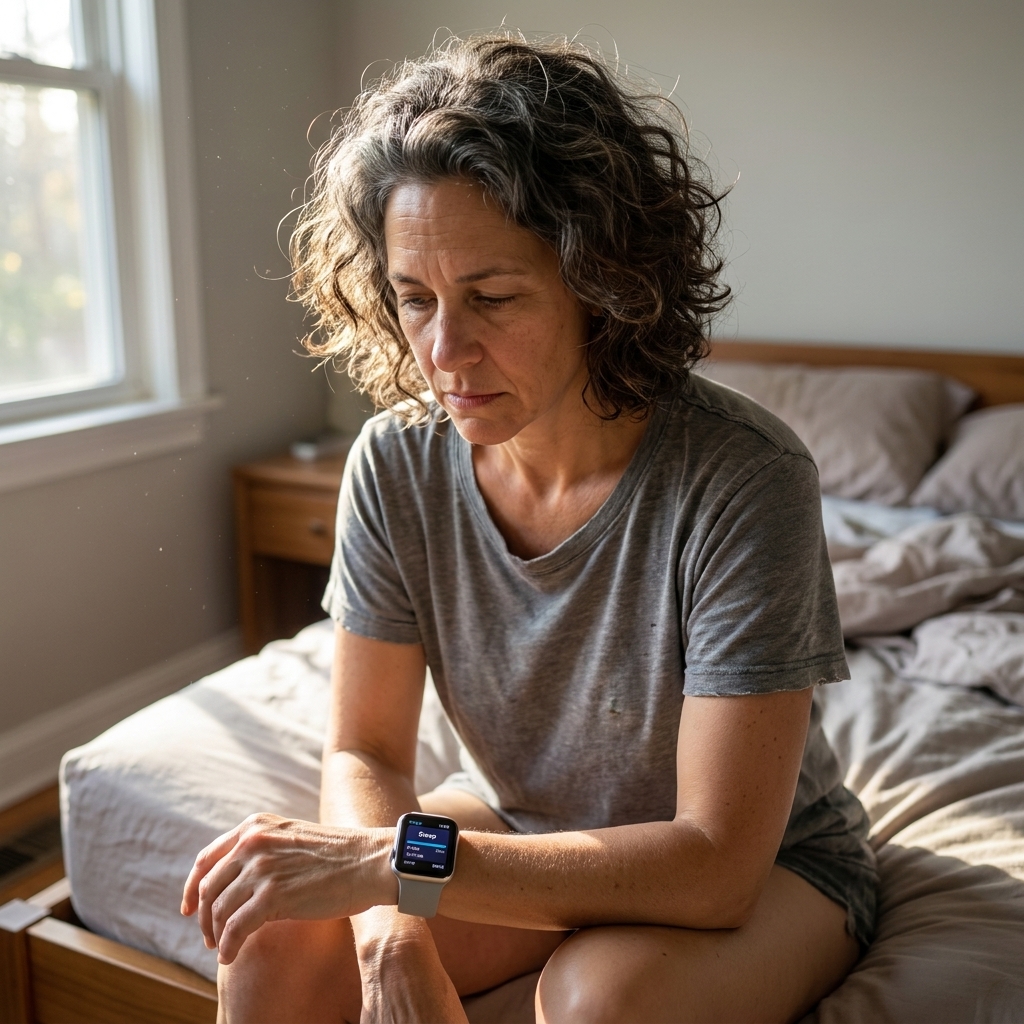 A tired person sitting on the edge of a bed in morning light, looking down at a smartwatch sleep summary
