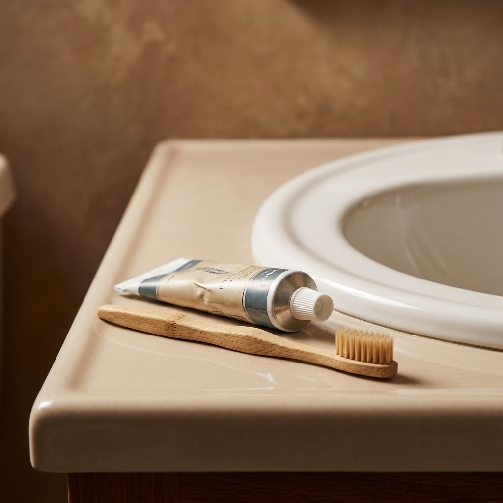 A toothbrush and toothpaste resting beside a bathroom sink.