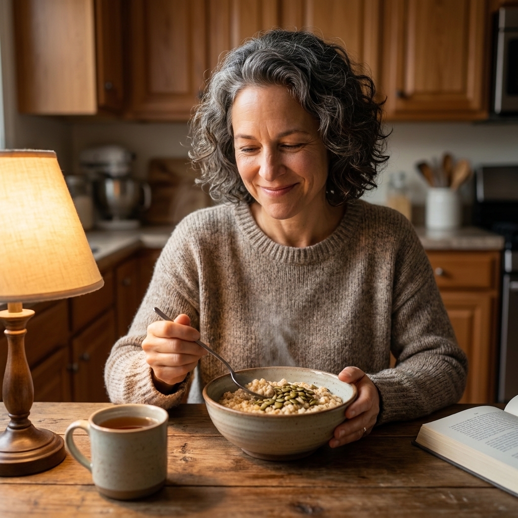 A warm bowl of oatmeal on a kitchen table with a spoon and a small sprinkle of pumpkin seeds under soft lamplight