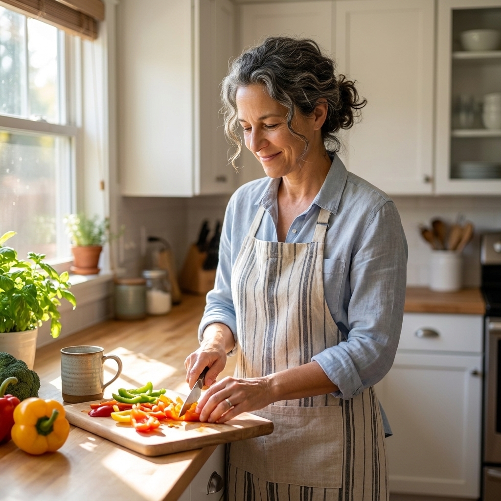 A woman cooking at home in a bright kitchen, chopping vegetables on a cutting board