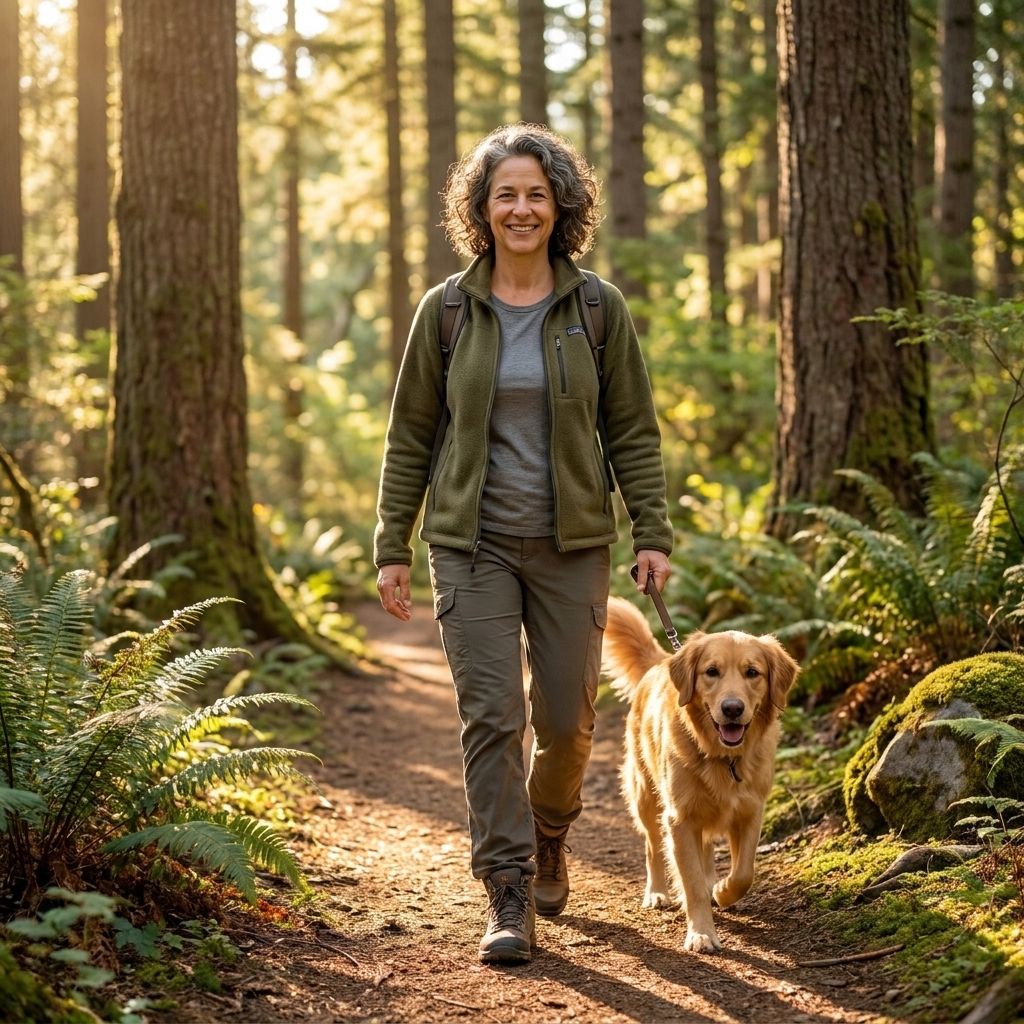 A woman hiking on a forest trail with her dog on a leash