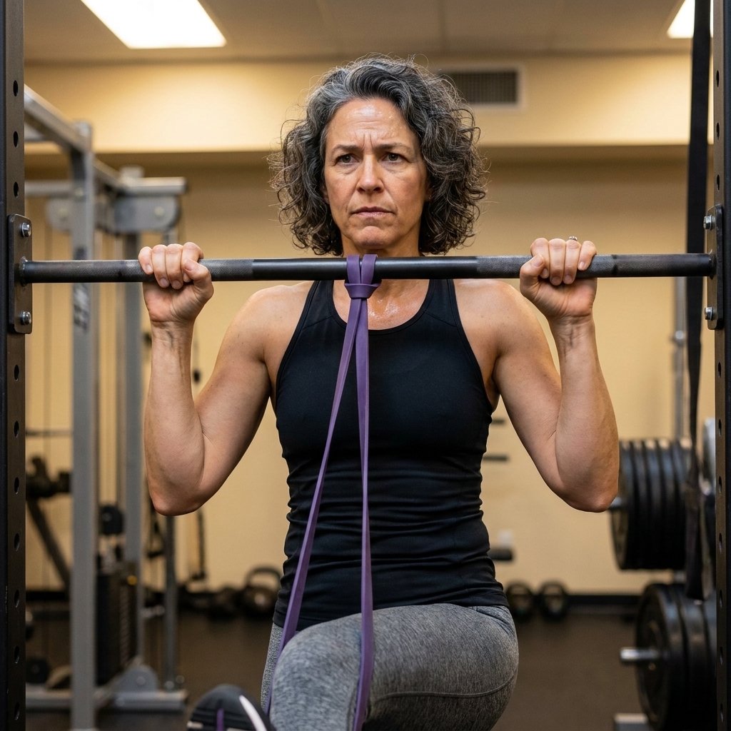 A woman performing an assisted pull-up using a resistance band in a gym, gripping the bar with a focused expression