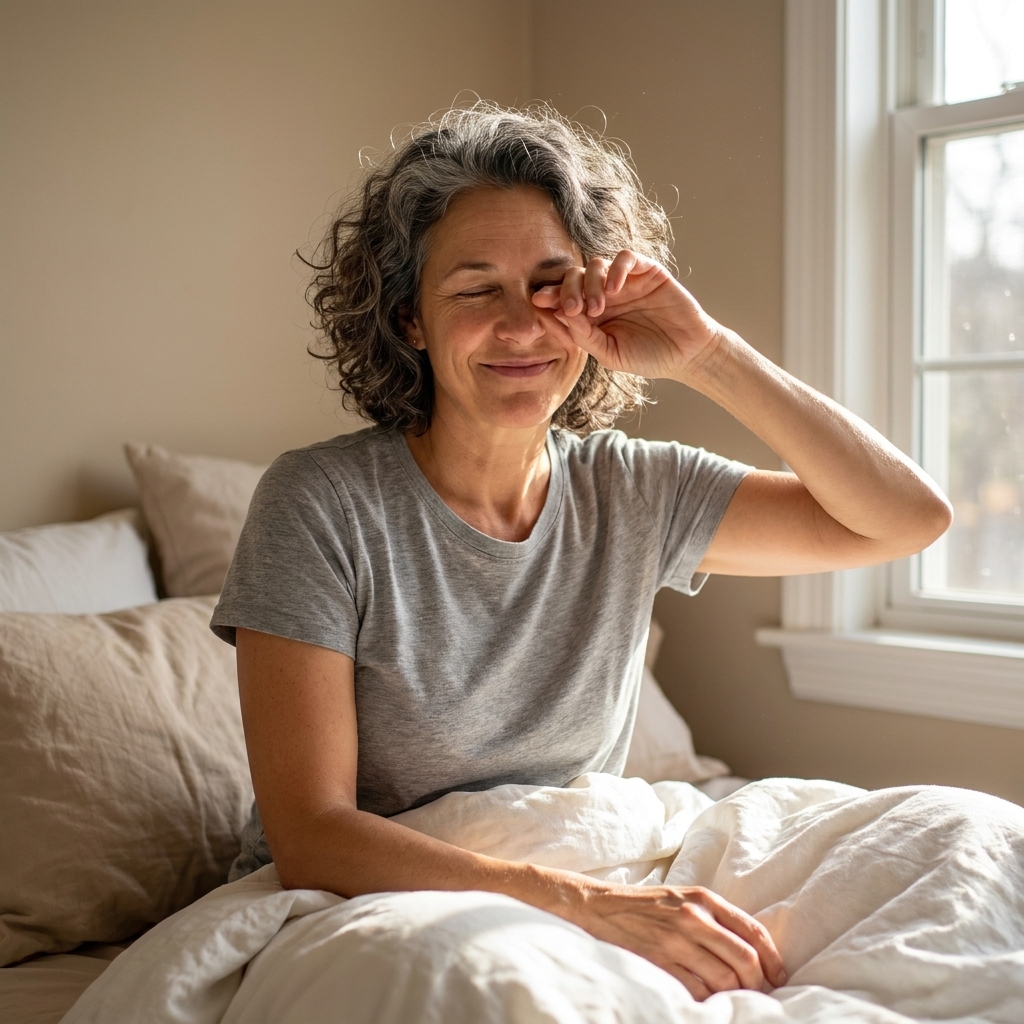 A woman sitting up in bed after a short nap, rubbing her eyes with sunlight coming through a nearby window