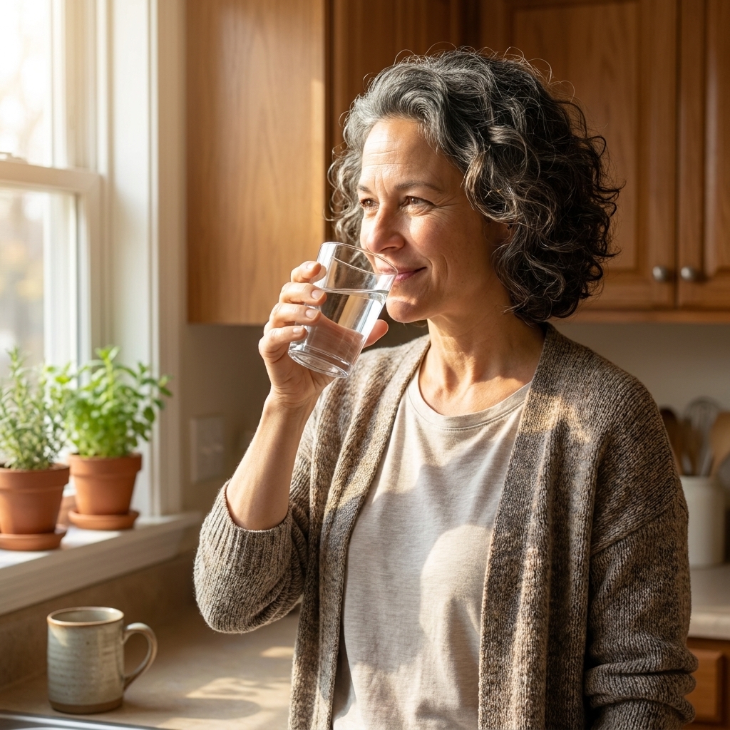 A woman standing in a bright kitchen taking a sip from a clear glass of water in natural morning light