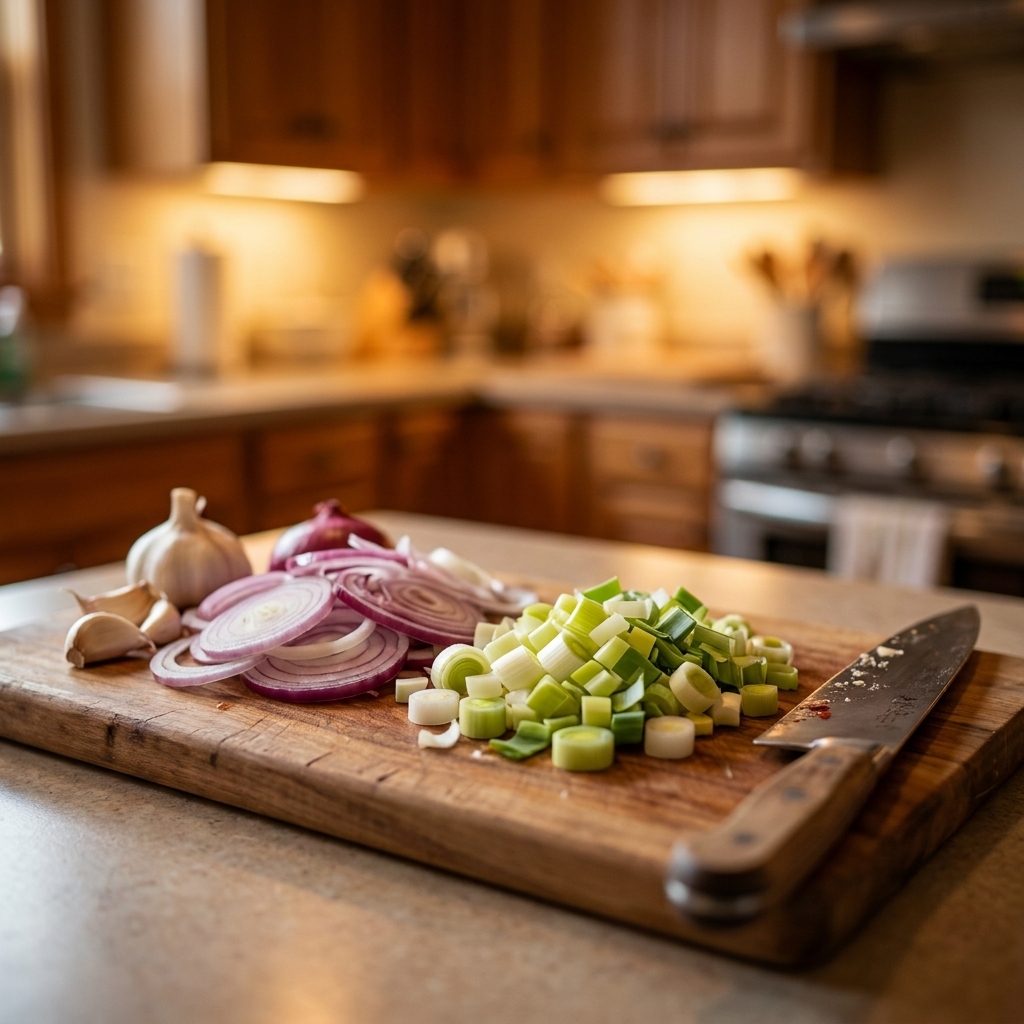 A wooden cutting board with sliced onions, whole garlic cloves, and chopped leeks next to a kitchen knife under warm indoor lighting