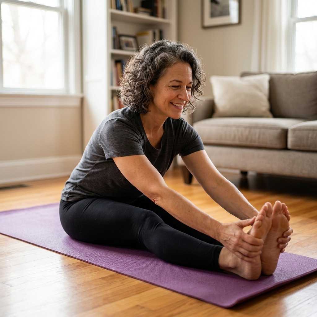 An adult person doing gentle floor stretches on a yoga mat in a quiet living room