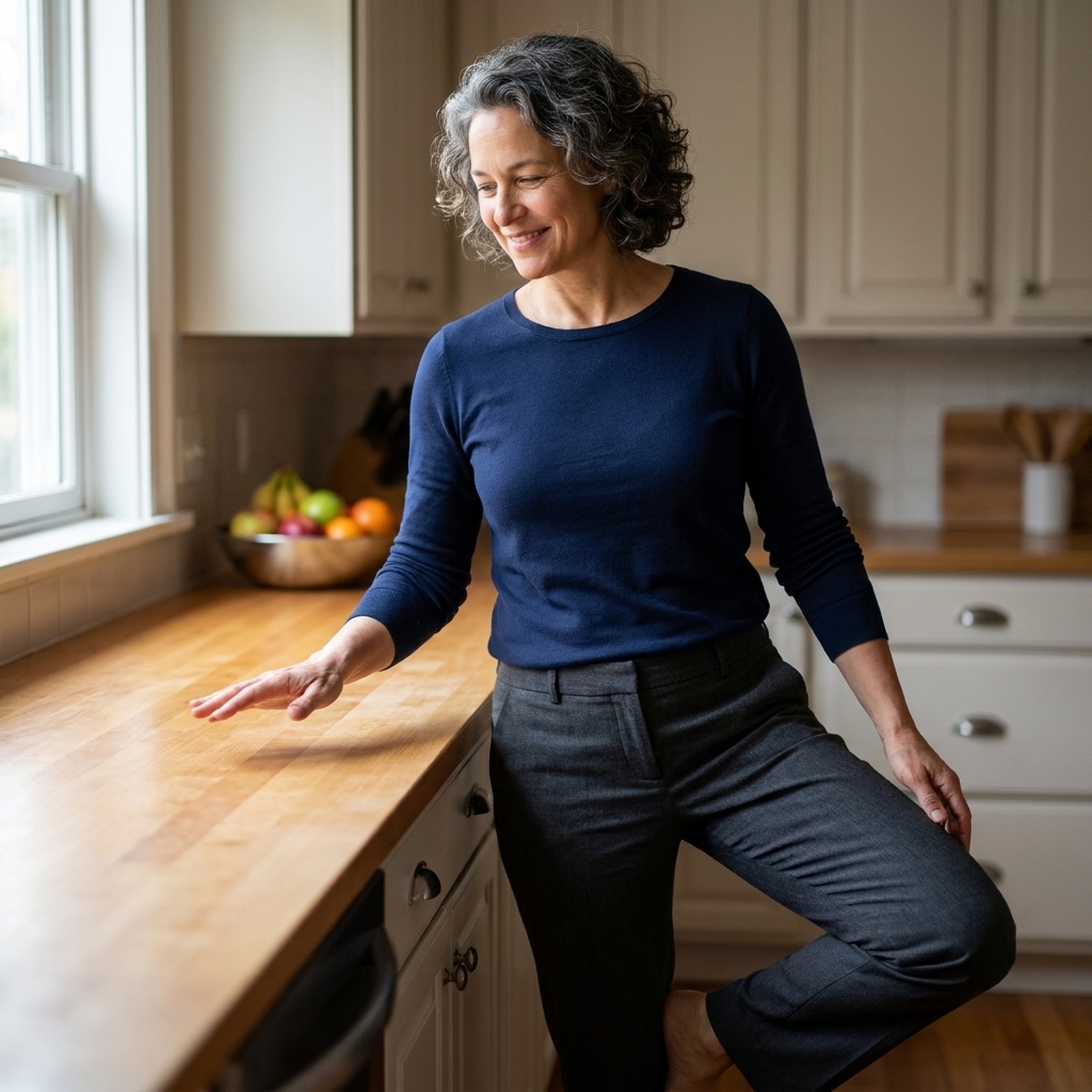 An adult practicing a single-leg stand beside a kitchen counter with a relaxed posture and one hand hovering close to the surface