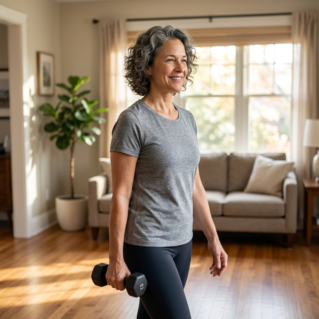 An adult walking slowly while holding a single dumbbell at one side, torso upright and shoulders level, moving through a clear living room space