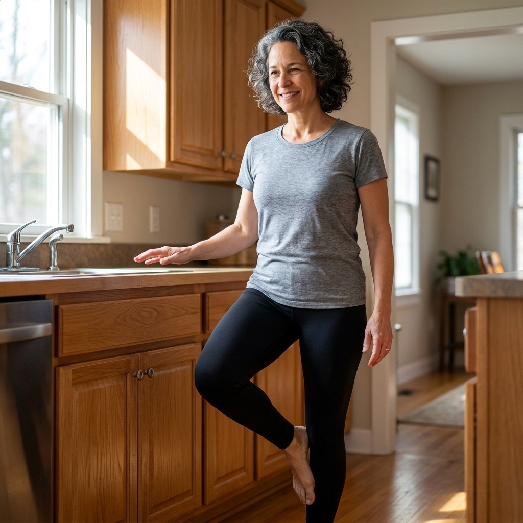 An older adult standing near a kitchen counter practicing a steady single-leg balance with one hand hovering over the surface for safety, natural window light
