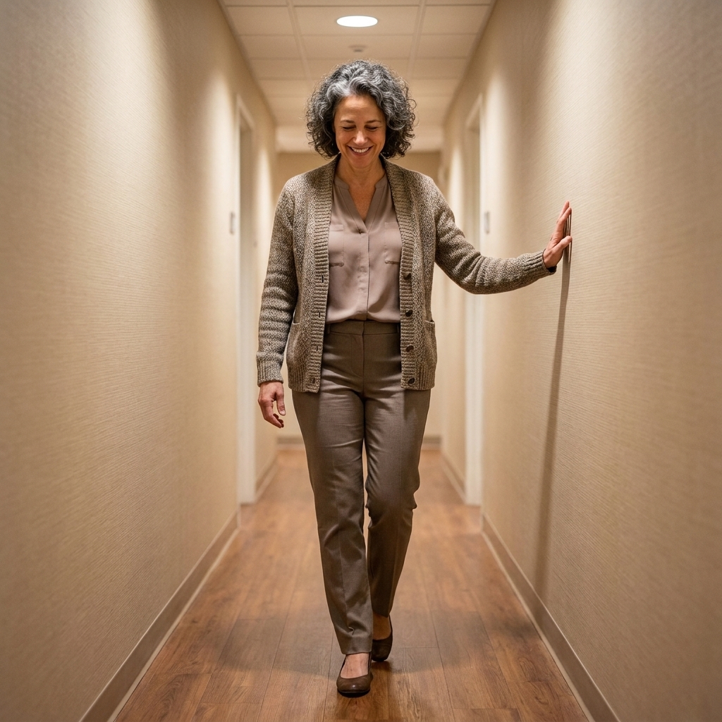 An older adult walking heel-to-toe down a well-lit hallway with one hand lightly touching the wall for support
