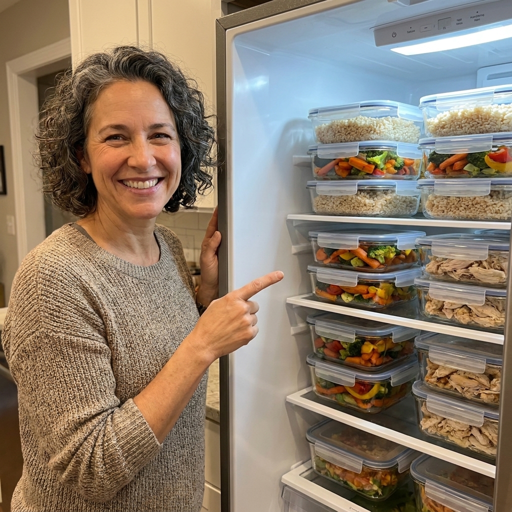 An open refrigerator with neatly stacked glass food containers holding cooked rice, roasted vegetables, and shredded chicken, ready for quick weekday meals