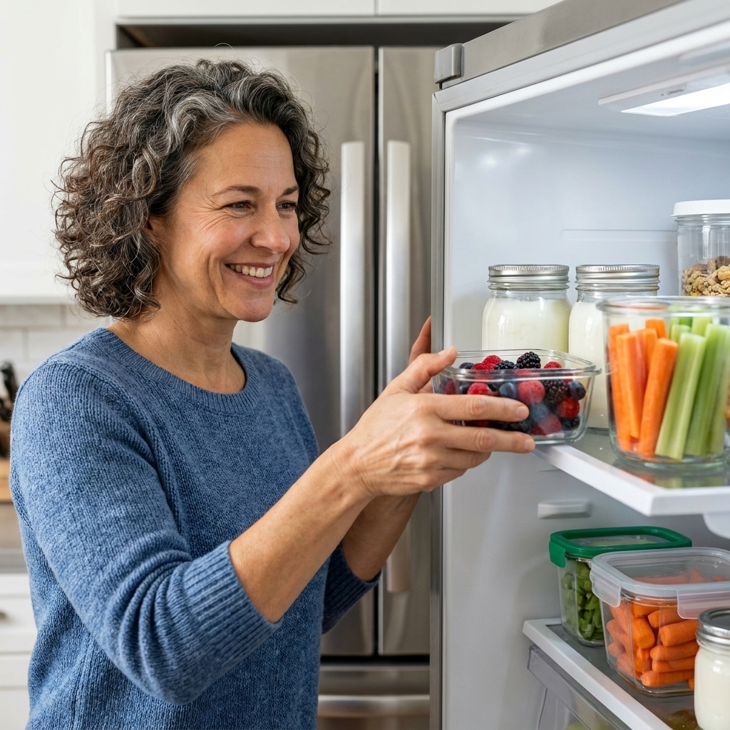 An open refrigerator with washed berries, yogurt, and pre-cut vegetables stored in clear containers at eye level