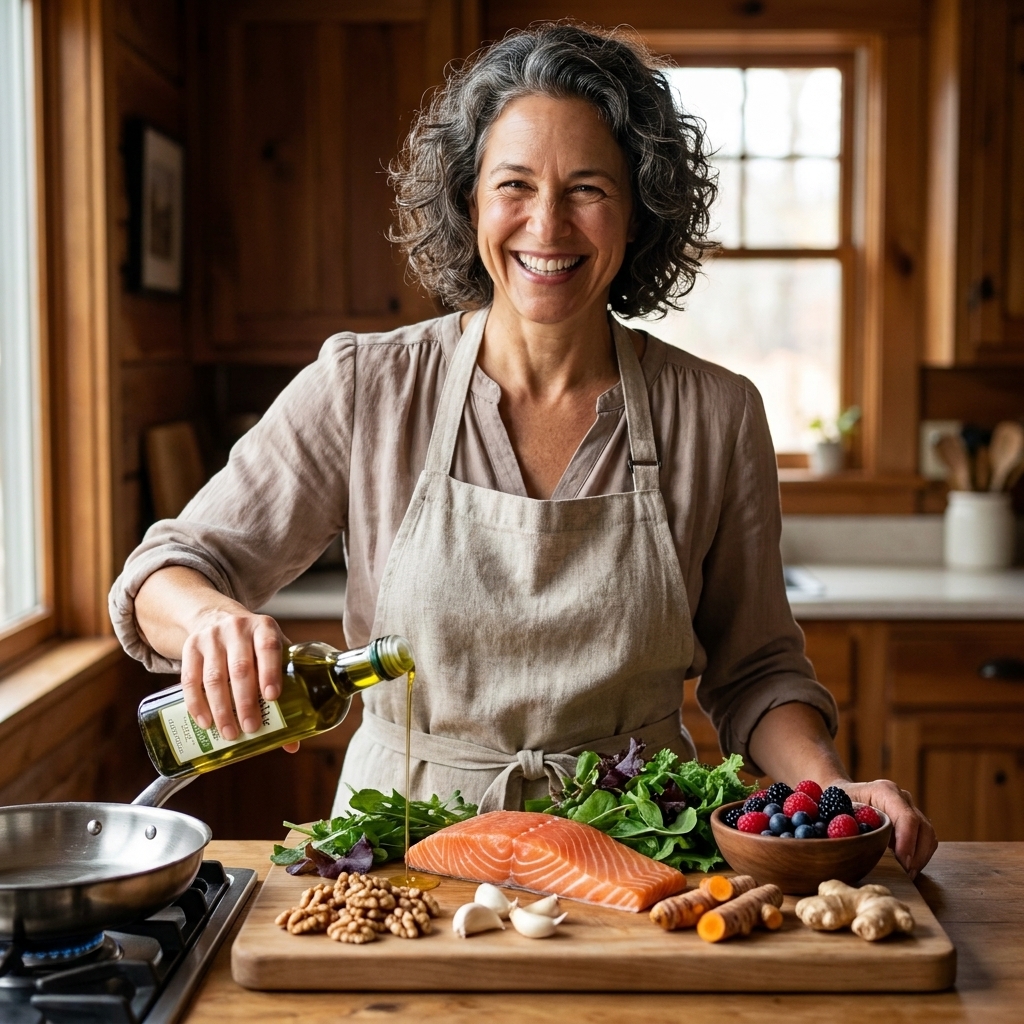 Extra-virgin olive oil, salmon, leafy greens, berries, walnuts, garlic, turmeric, and ginger arranged for cooking