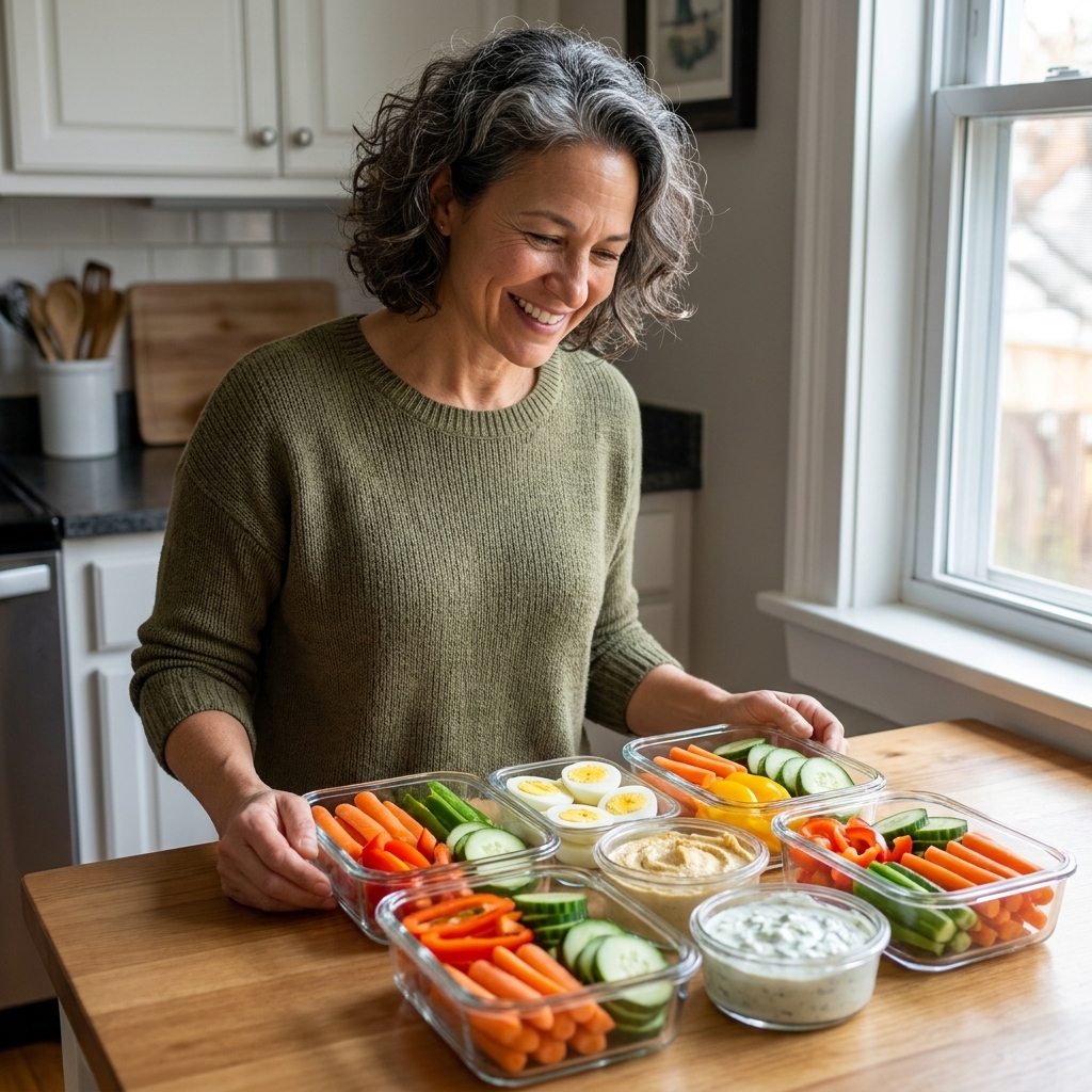 Glass meal prep containers filled with cut vegetables, boiled eggs, and small portions of dips arranged on a kitchen table, ready for the week