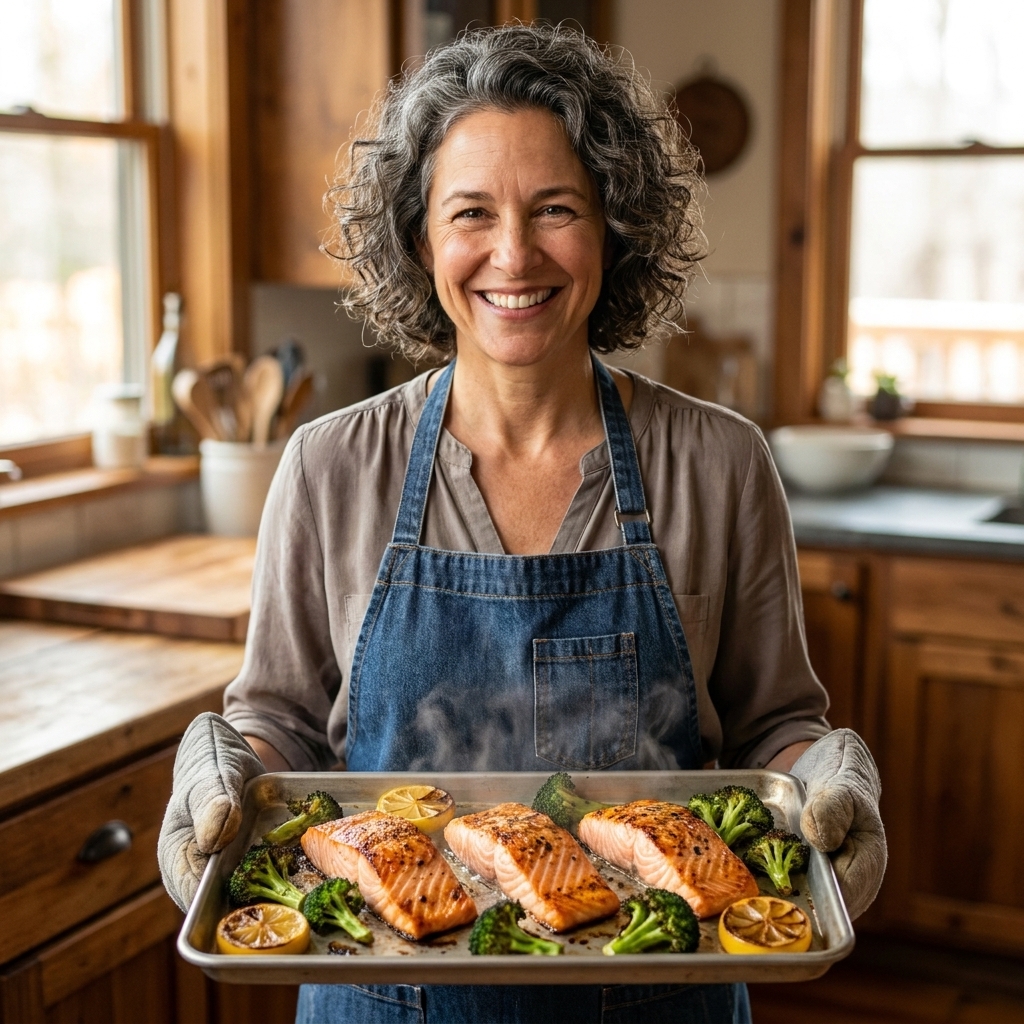 Roasted salmon fillets and broccoli with lemon wedges on a sheet pan fresh from the oven