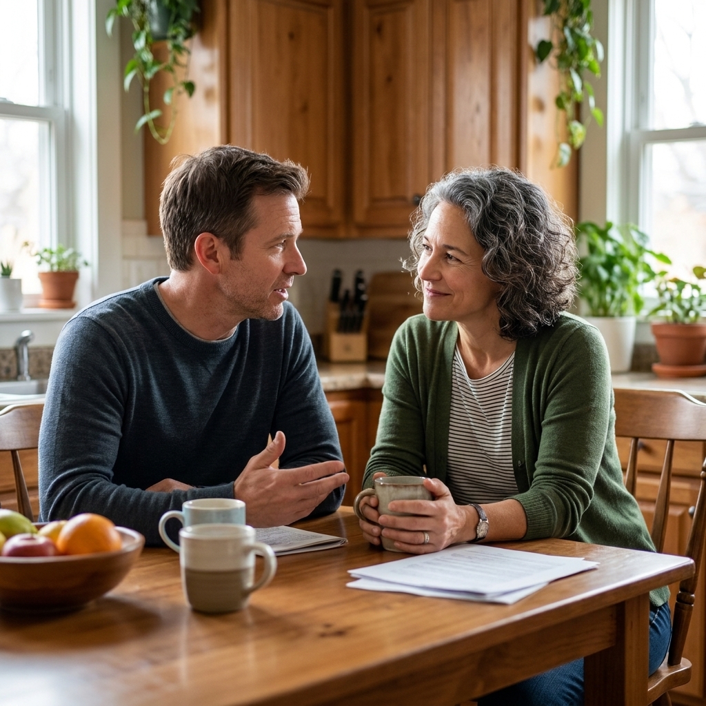 Two adults sitting at a kitchen table in a calm home setting, one listening attentively while the other speaks, suggesting a supportive conversation about health habits